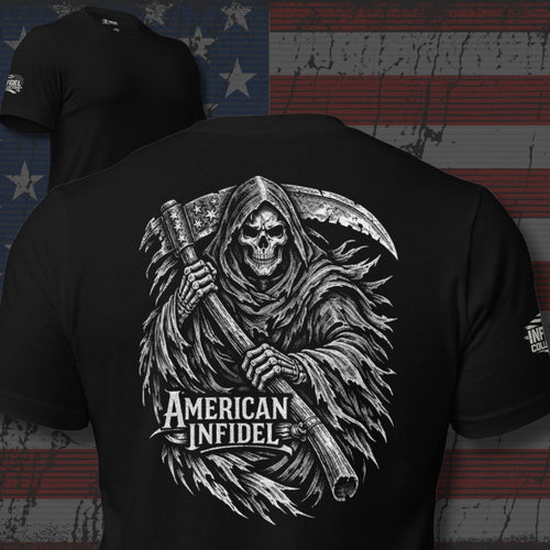 American Infidel winged grim reaper carrying a scythe design back print black tee from Infidel Collective