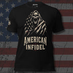 Black American Infidel tee with grim reaper skull wrapped in an American flag front graphic