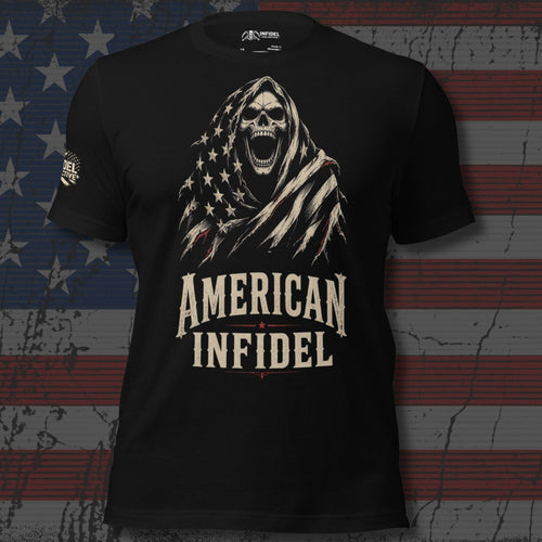 American Infidel screaming reaper wrapped in an American flag cloak design front print black tee from Infidel Collective