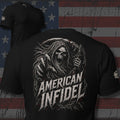 American Infidel winged reaper carrying a scythe design back print black tee from Infidel Collective