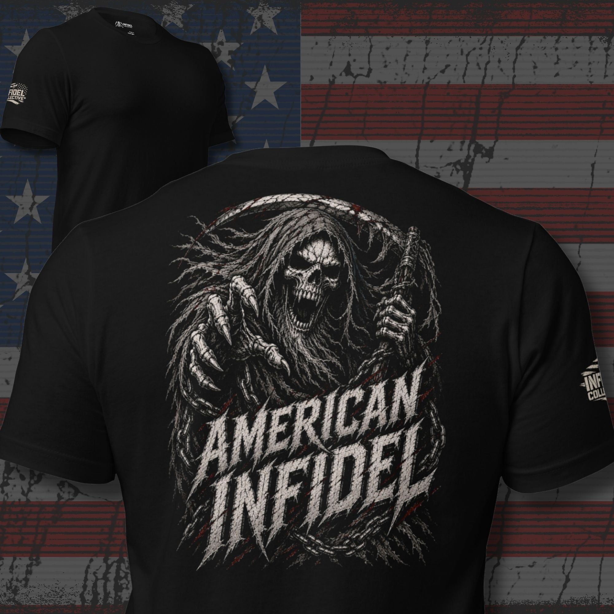American Infidel Reaper Wings back print black tee from Infidel Collective