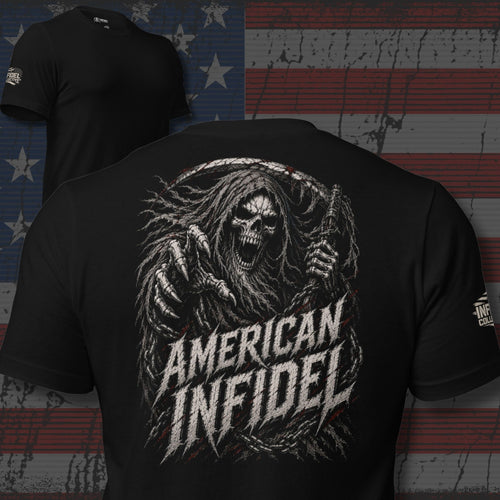 American Infidel winged reaper carrying a scythe design back print black tee from Infidel Collective