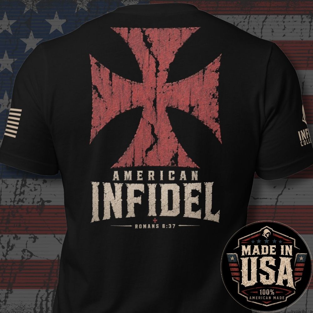 USA Made American Infidel Romans 8:37 Cross Back Print Tee