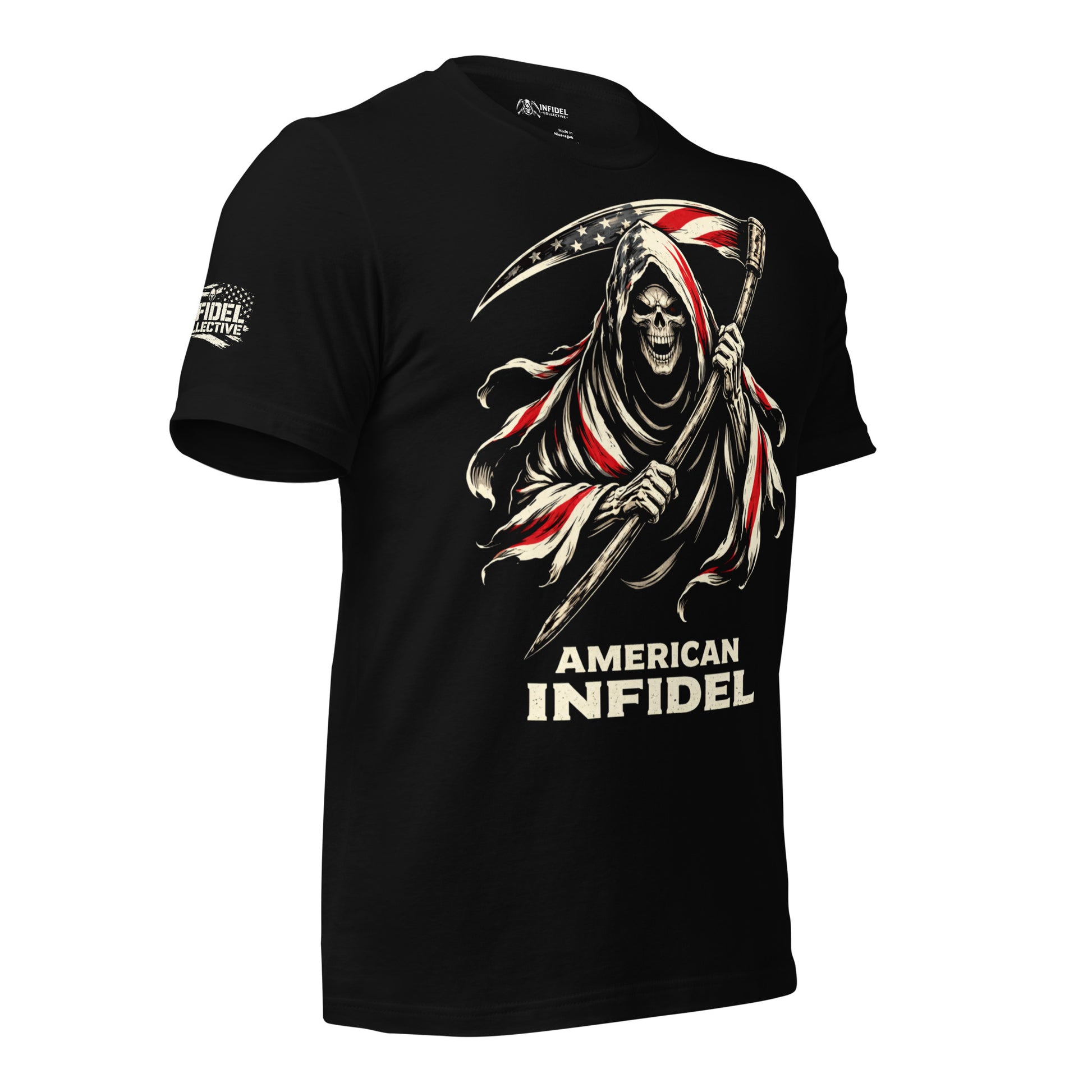 Black t-shirt with a graphic design of a Grim Reaper holding an American flag, labeled 'American Infidel', on a white background.