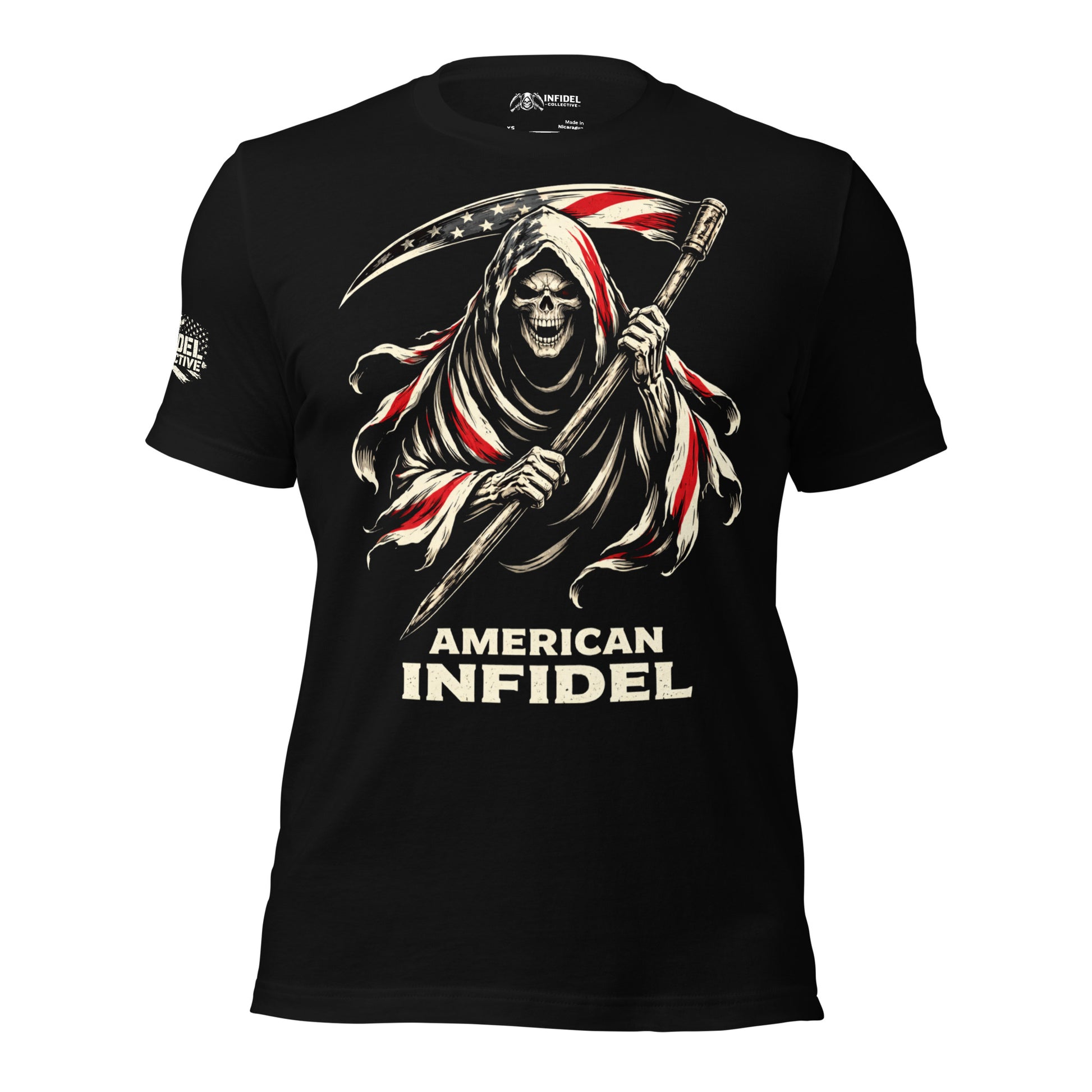 Black t-shirt with a graphic design of a Grim Reaper holding an American flag and the text 'American Infidel' on a white background.