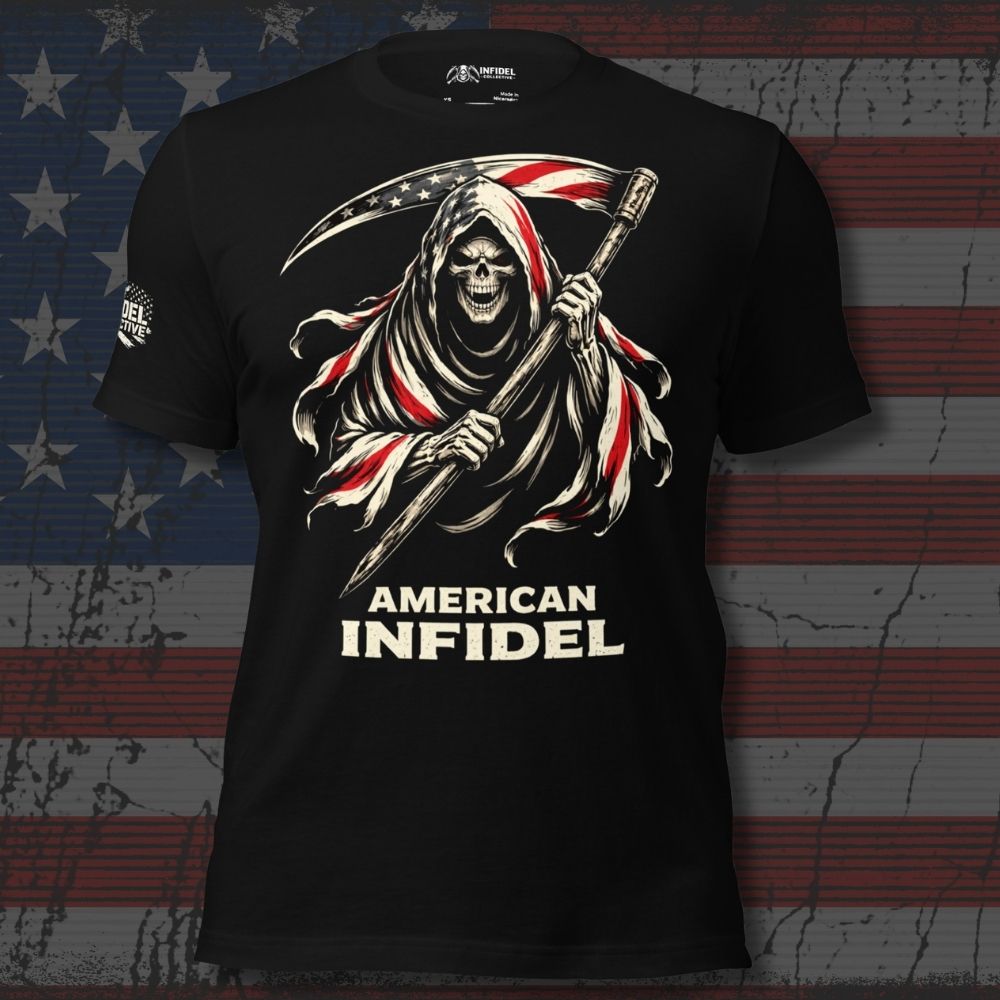 Black t-shirt with a graphic design of a skeleton holding an American flag and the text 'American Infidel' against an American flag background.
