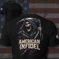 American Infidel blue and red chrome reaper with scythe design back print black tee from Infidel Collective