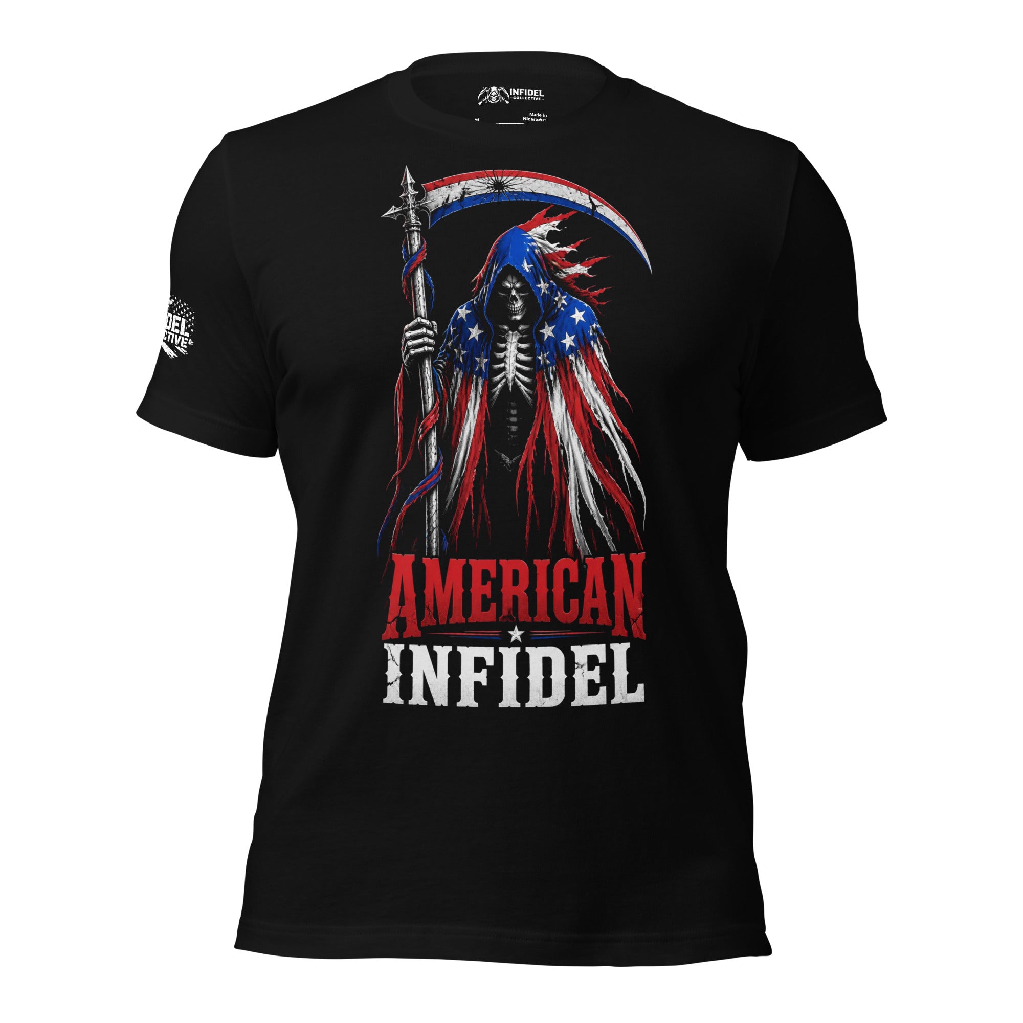 Black t-shirt with 'American Infidel' design featuring a skeleton holding an American flag against an American flag background.