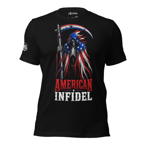 Front view of black tee featuring American Infidel skeletal reaper with flag cloak and scythe design
