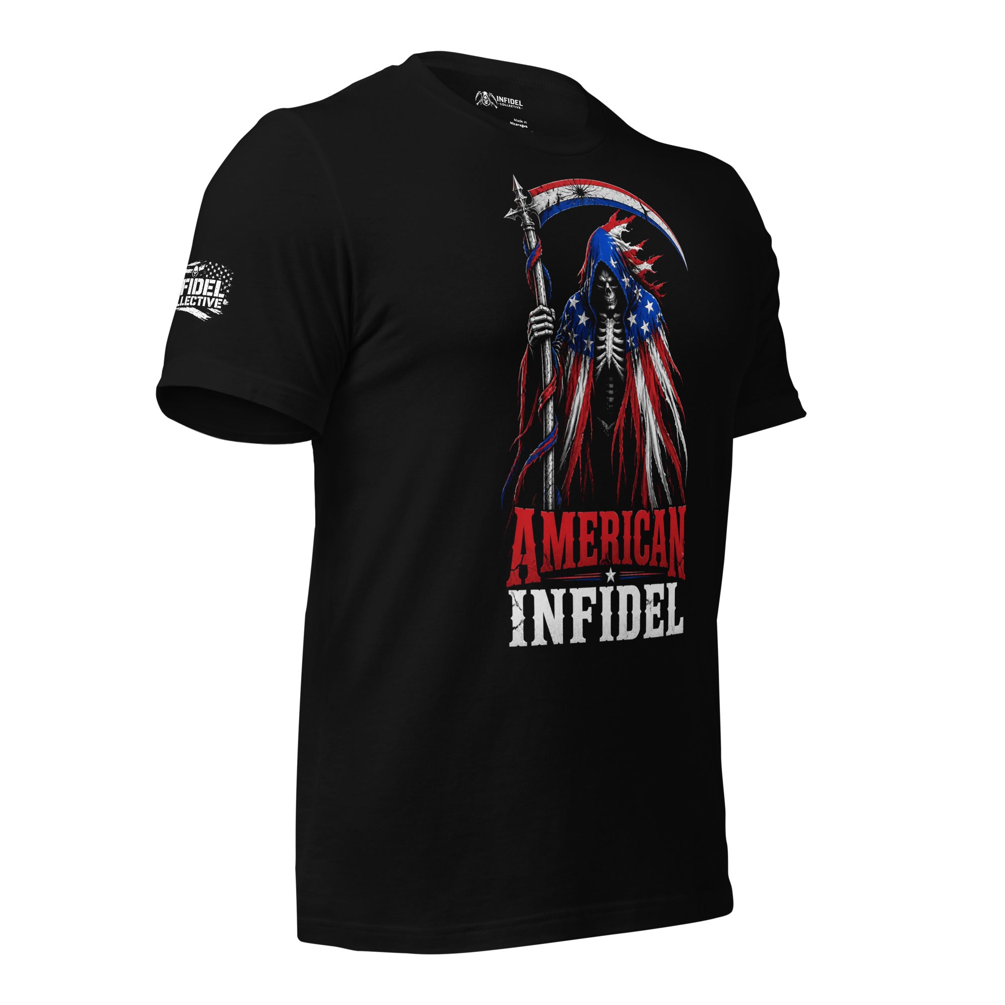 Black t-shirt with 'American Infidel' graphic design featuring a skeleton holding an American flag.