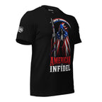 Black t-shirt with 'American Infidel' design featuring a skeleton holding an American flag against an American flag background.