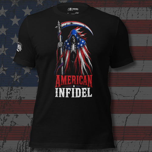 American Infidel skeletal reaper with flag cloak and scythe design front print black tee from Infidel Collective