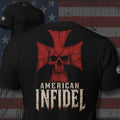 American Infidel long skull inside a distressed red cross design back print black tee from Infidel Collective