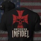 American Infidel skull and red iron cross back print black tee from Infidel Collective