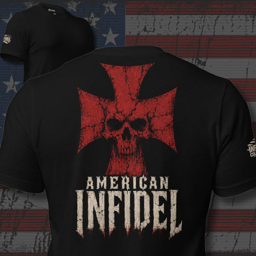 American Infidel long skull inside a distressed red cross design back print black tee from Infidel Collective