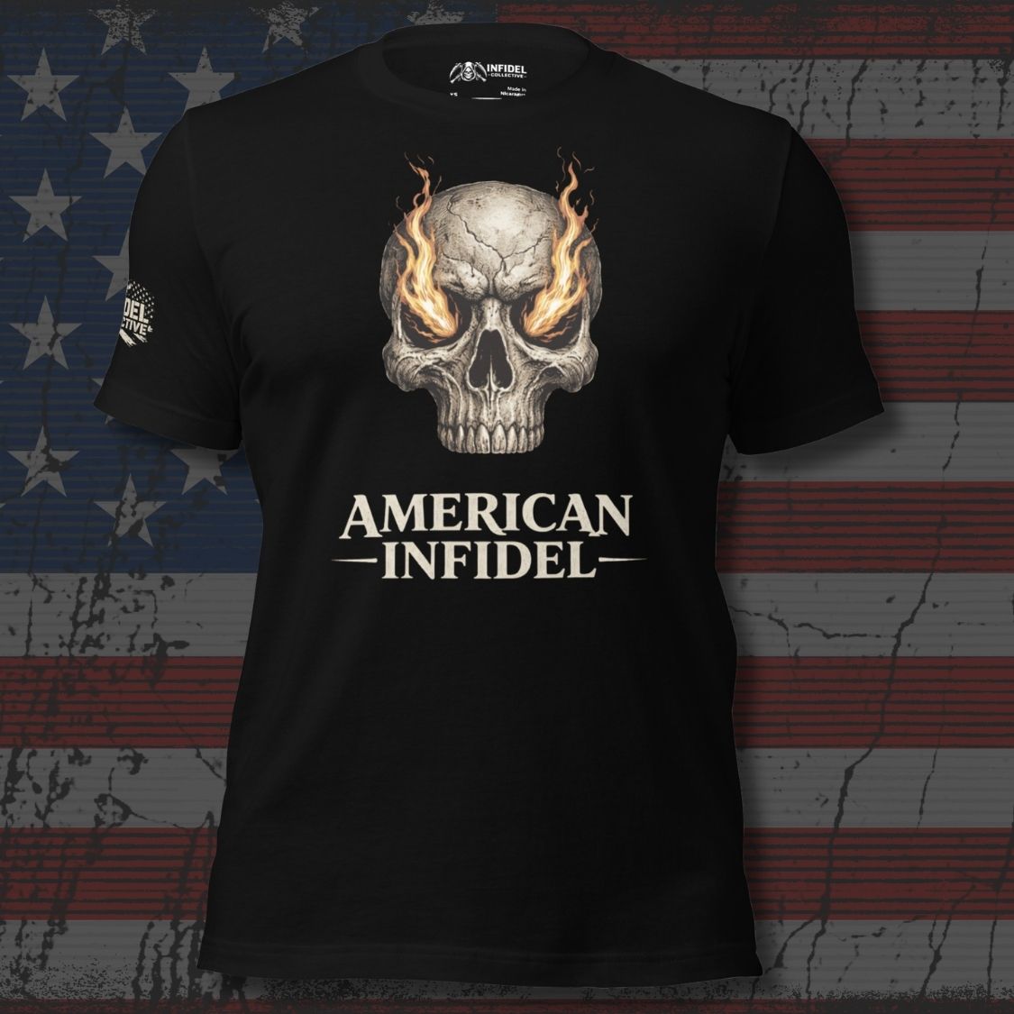 Black t-shirt with skull design and 'American Infidel' text on an American flag background