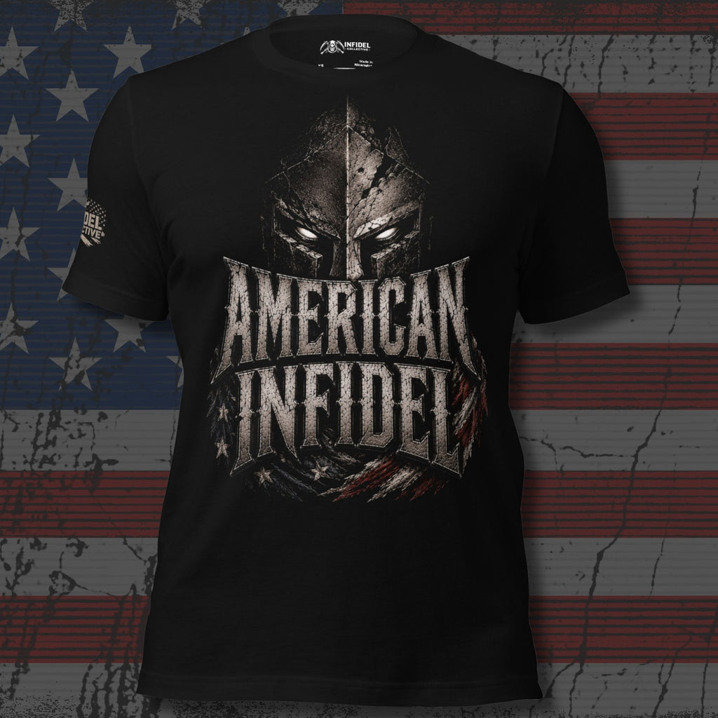 Black American Infidel tee with Spartan helmet and distressed American flag front graphic