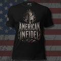 American Infidel weathered Spartan helmet design front print black tee from Infidel Collective