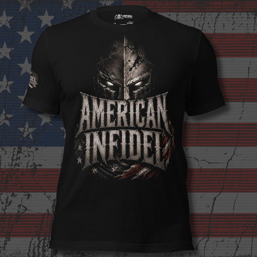 American Infidel weathered Spartan helmet design front print black tee from Infidel Collective