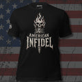 American Infidel flaming skull torch design front print black tee from Infidel Collective