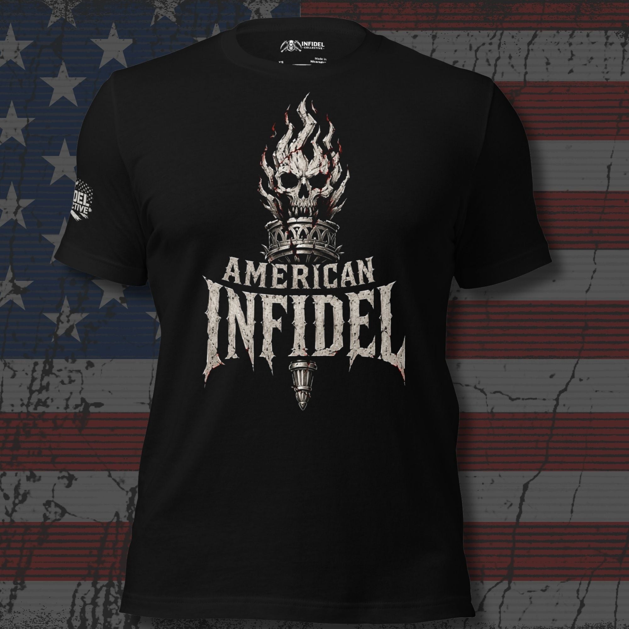 American Infidel flaming torch graphic black tee from Infidel Collective