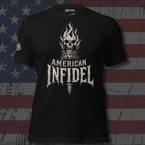 American Infidel flaming skull torch design front print black tee from Infidel Collective