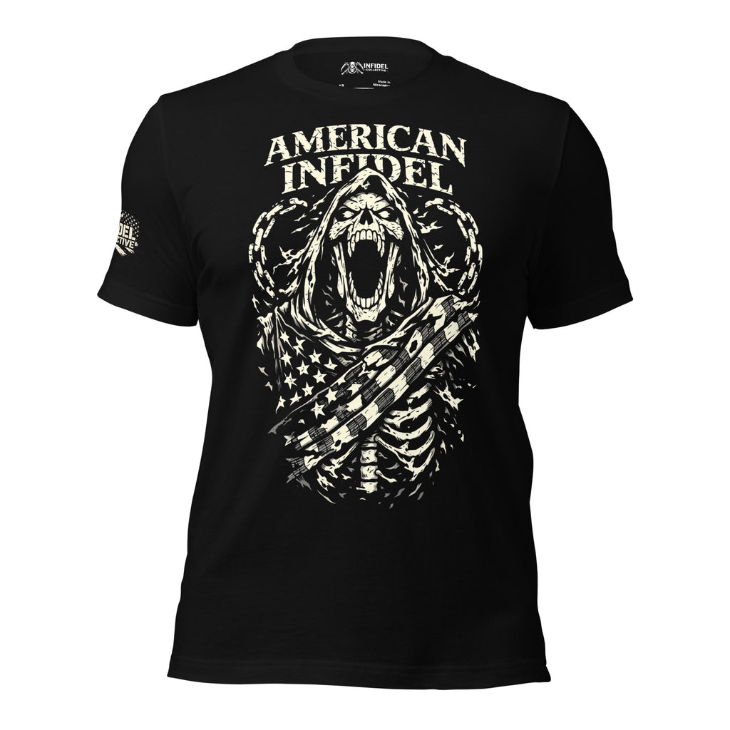 Black American Infidel t-shirt featuring roaring skeletal reaper wrapped in American flag with broken chains