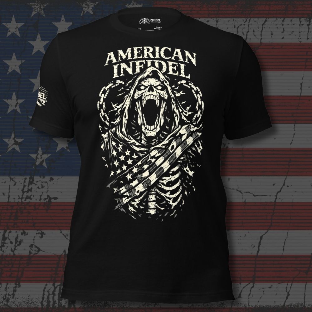 Black American Infidel t-shirt featuring roaring skeletal reaper wrapped in American flag with broken chains
