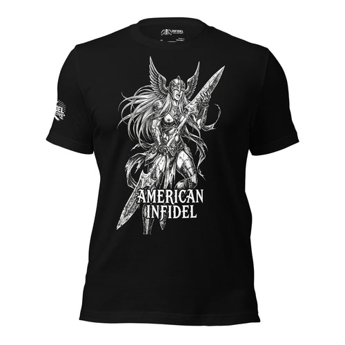 Front view of black tee featuring American Infidel armored Valkyrie charging with spear design