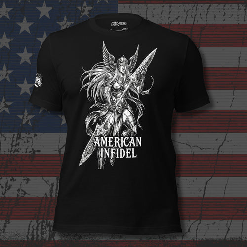 American Infidel armored Valkyrie charging with spear design front print black tee from Infidel Collective