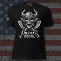 American Infidel horned Viking skull with crossed battle axes design front print black tee from Infidel Collective