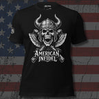Black American Infidel tee with Viking skull helmet and crossed axes front graphic