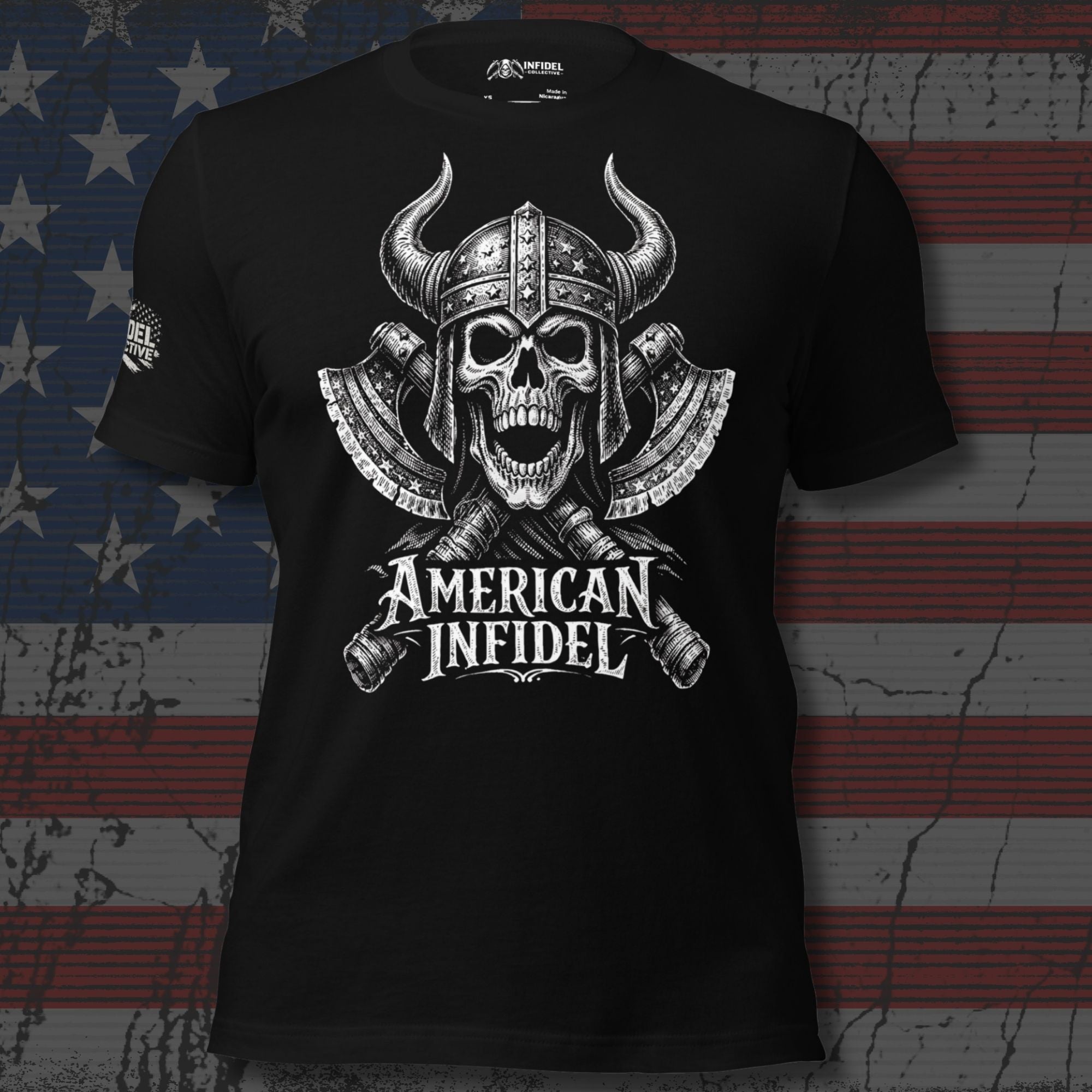 Black American Infidel tee with Viking skull helmet and crossed axes front graphic