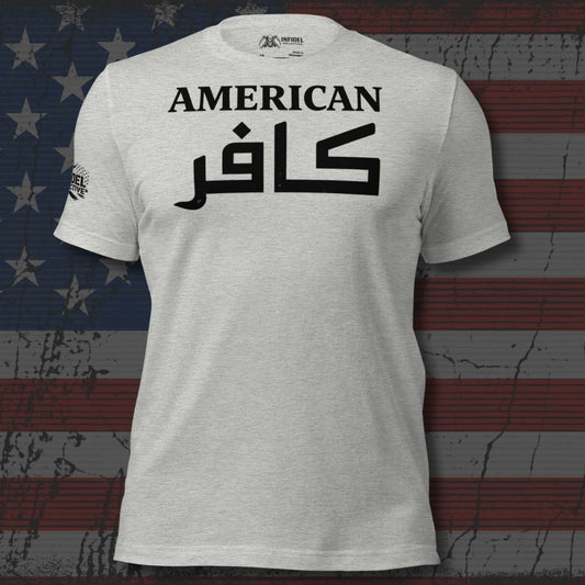 Gray t-shirt with 'AMERICAN كافر' text on a distressed American flag background