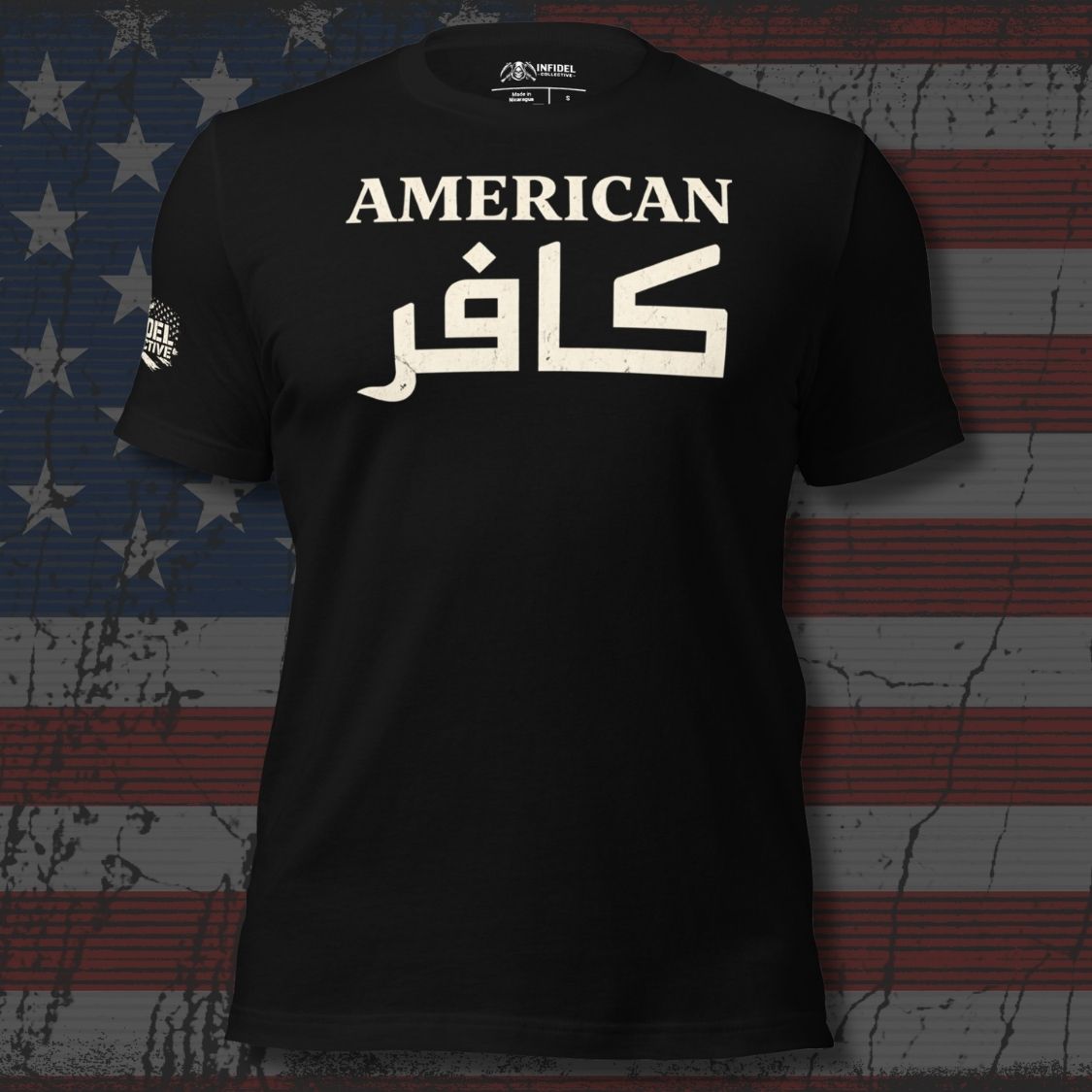 Black t-shirt with white text on an American flag background