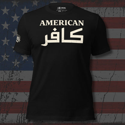 Black t-shirt with white text on an American flag background
