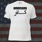 White tee with American and Arabic kafir text front print in black lettering