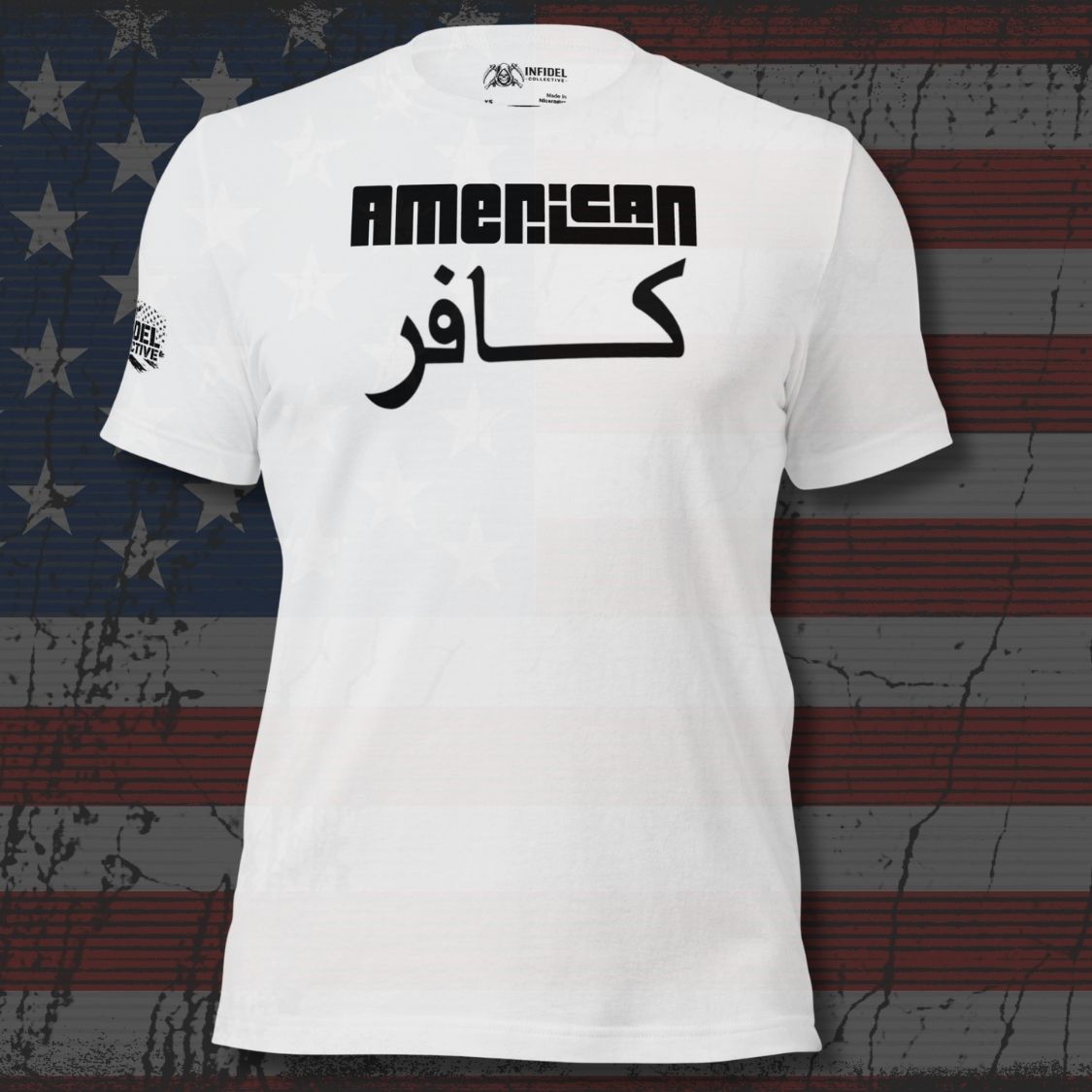 White tee with American and Arabic kafir text front print in black lettering