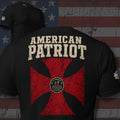 American Patriot distressed red cross with 2 Timothy 1:7 design back print black tee from Infidel Collective
