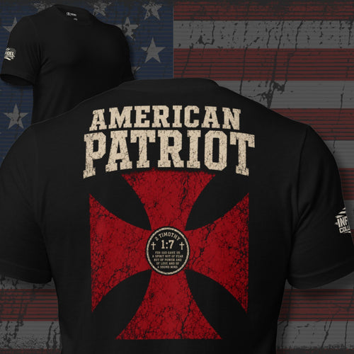 American Patriot distressed red cross with 2 Timothy 1:7 design back print black tee from Infidel Collective