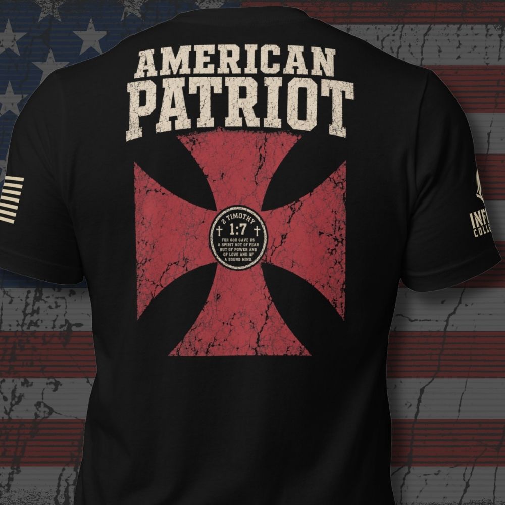 American Patriot 2 Timothy 1:7 Cross Back Print Tee, black tee, back view