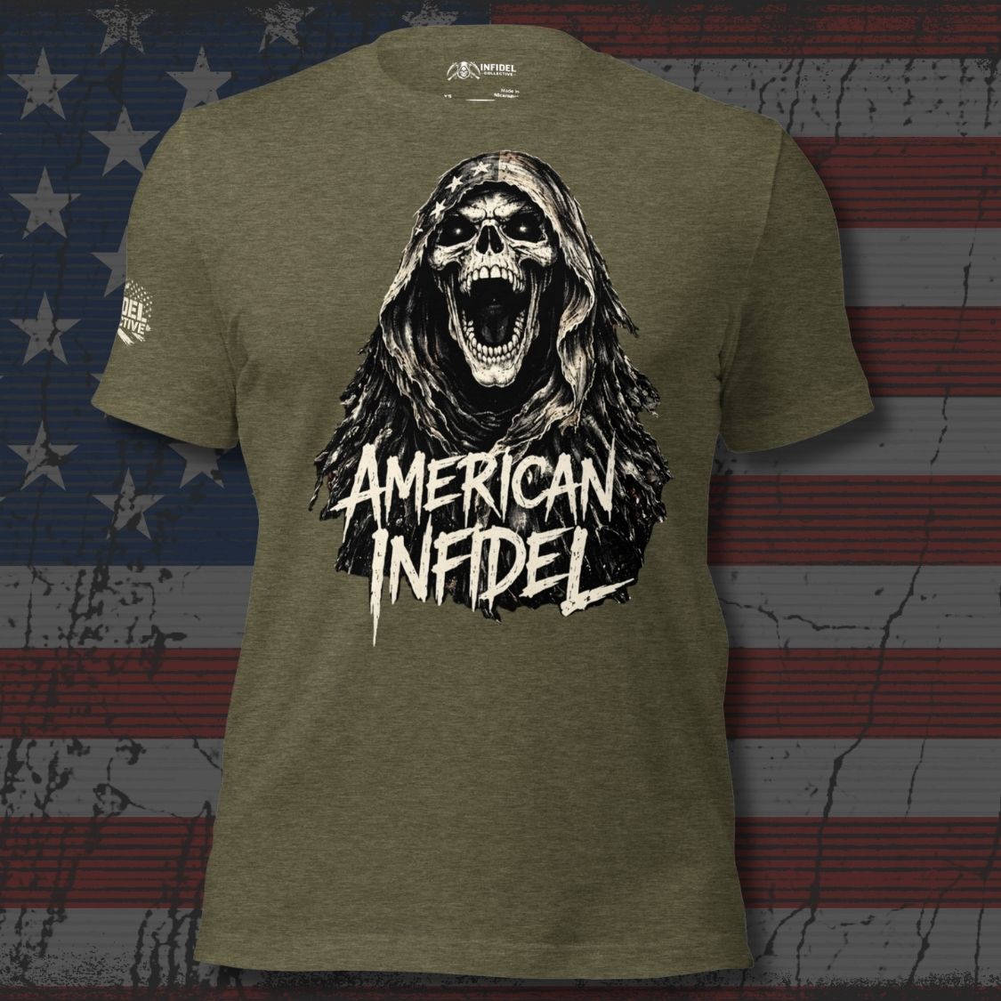 Green t-shirt with 'American Infidel' graphic design on a distressed American flag background