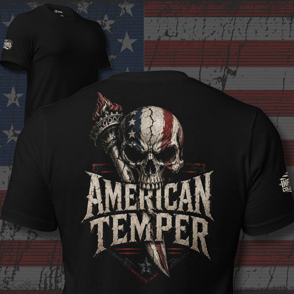 Black tee with back print featuring an American flag skull, Statue of Liberty torch, dagger graphic, and the text American Temper