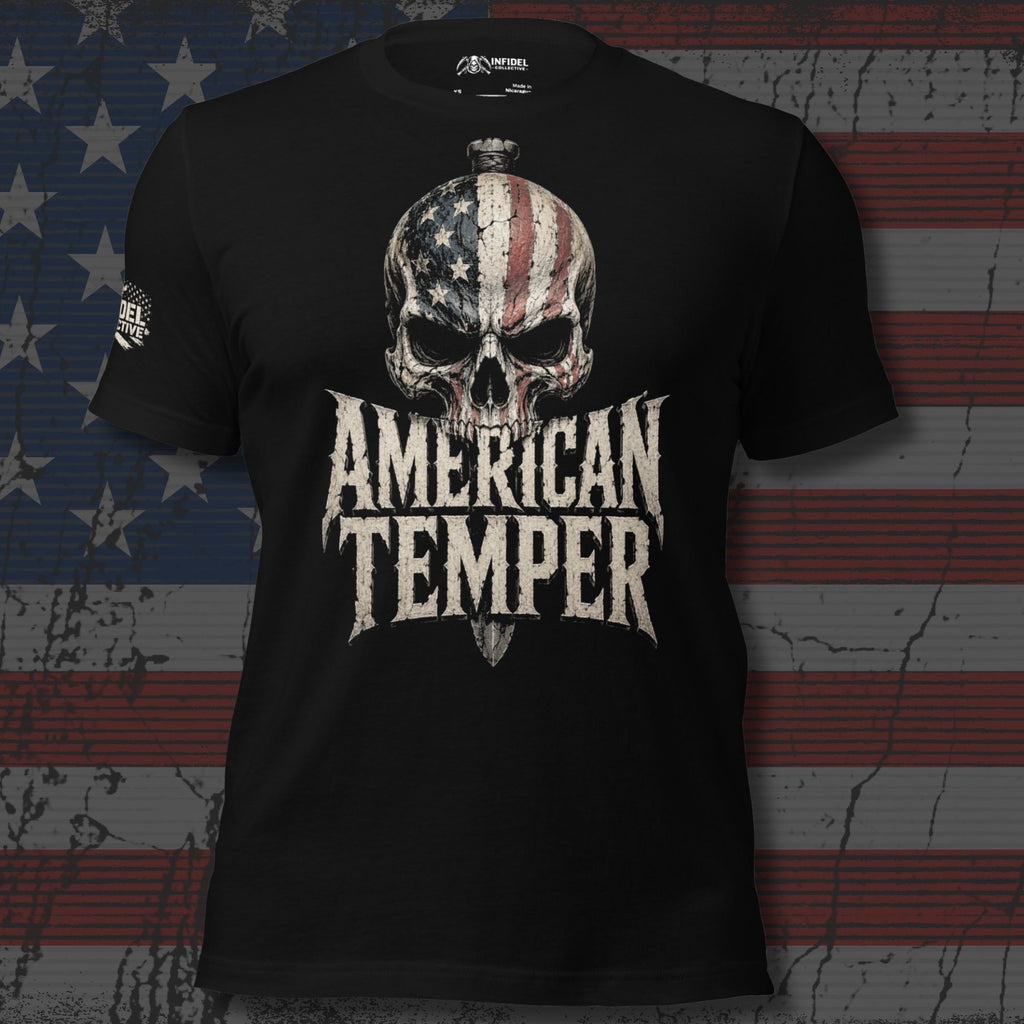 Black tee with front print featuring an American flag skull, dagger graphic, and the text American Temper