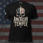 Black tee with front print featuring an American flag skull, dagger graphic, and the text American Temper