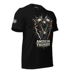Black t-shirt with graphic design and text on a white background