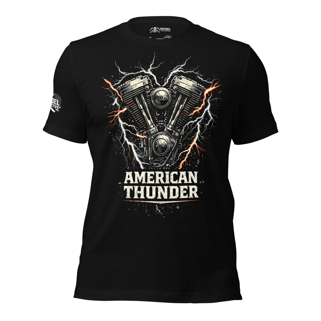 Black t-shirt with a motorcycle engine graphic and 'American Thunder' text on a white background