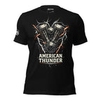Black t-shirt with a motorcycle engine graphic and 'American Thunder' text on a white background