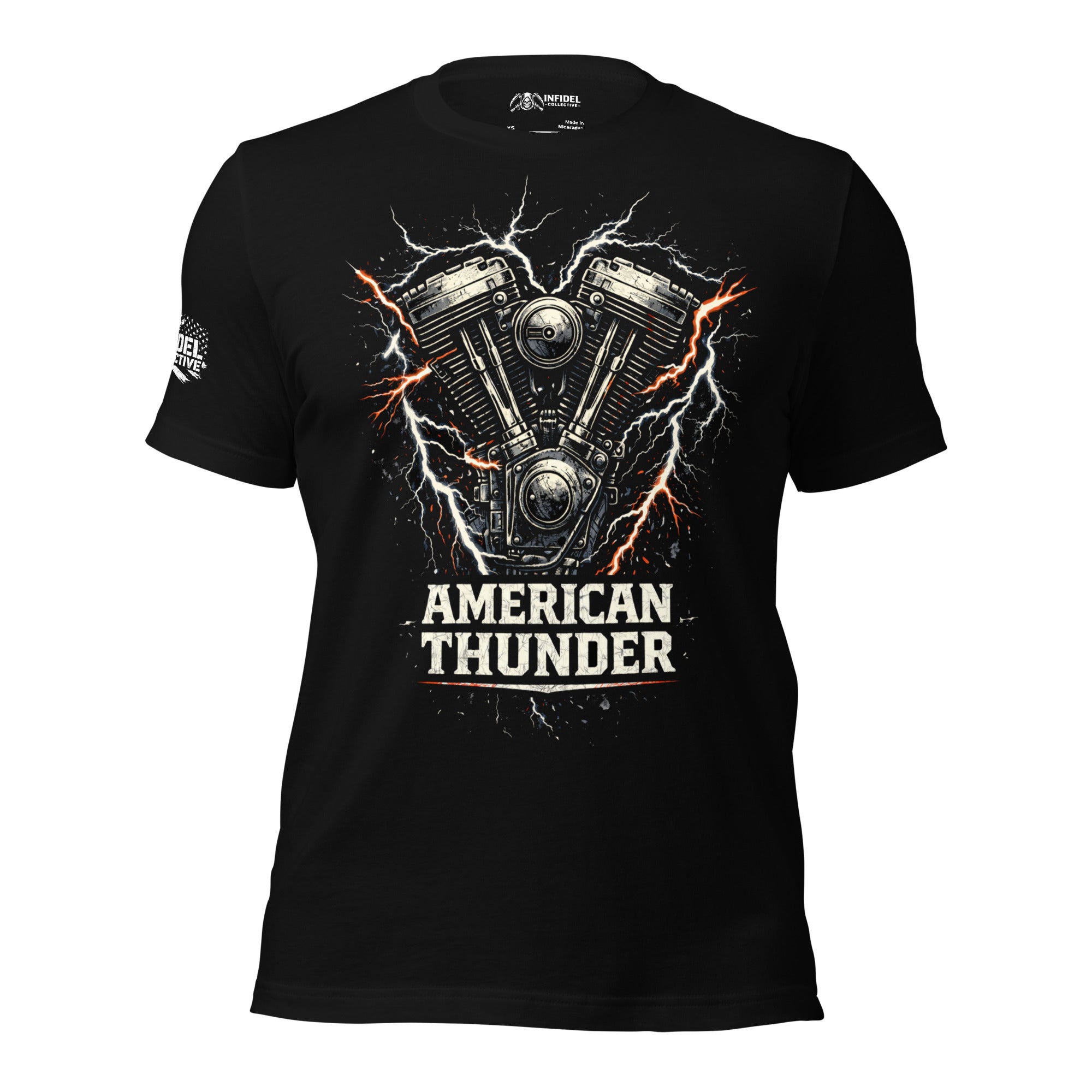 Black t-shirt with a motorcycle engine graphic and 'American Thunder' text on a white background