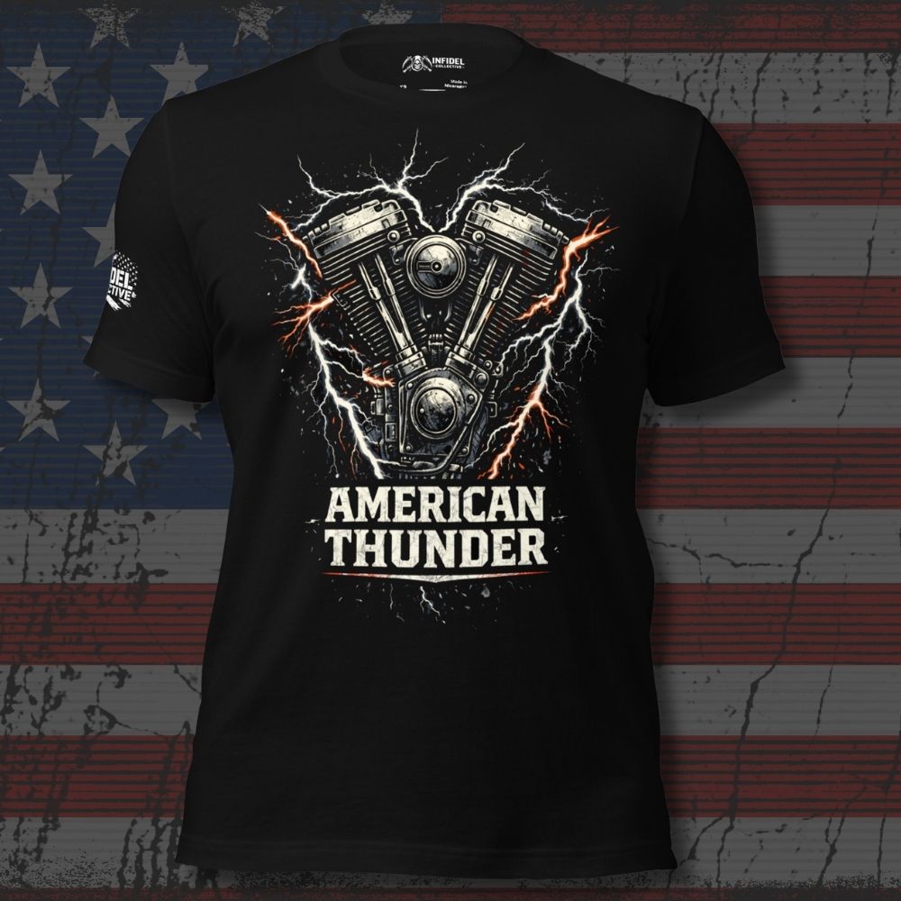 Black t-shirt with 'American Thunder' engine graphic on an American flag background